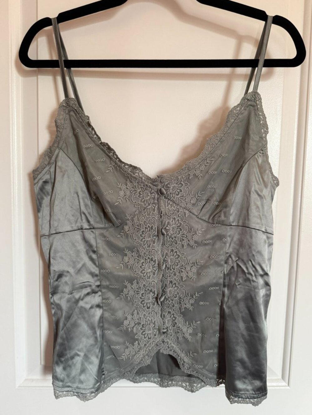 NWT Princess Polly Green Grey Satin Lace Trim Embroidered Cami Corset Top